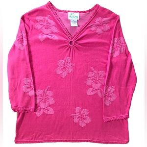 Pink silk v neck crochet trim Hawaiian floral beaded pullover summer sweater